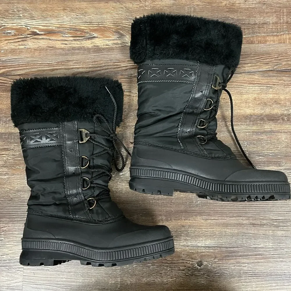 Sorel Vintage Black Midi Lace Up Winter Fleece Lined Faux Fur Collar Size 7